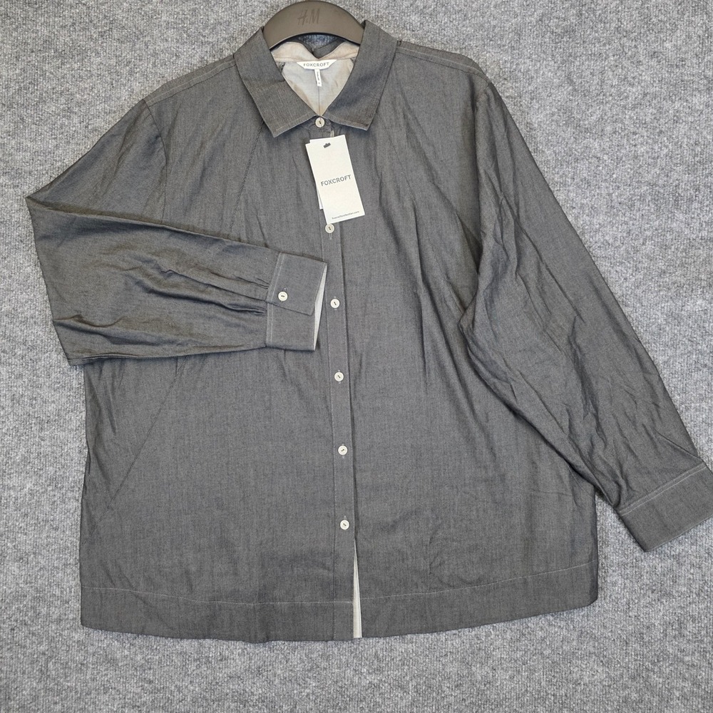 Foxcroft Womens 2X Gray No Iron 100% Cotton Button Down Shirt Long Sleeve NWT